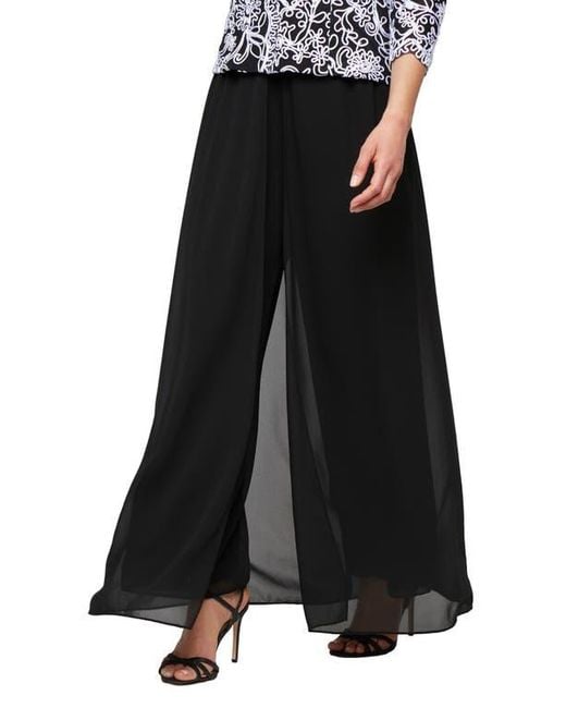 Alex Evenings Black Wide Leg Pants With Mesh Skirt Overlay