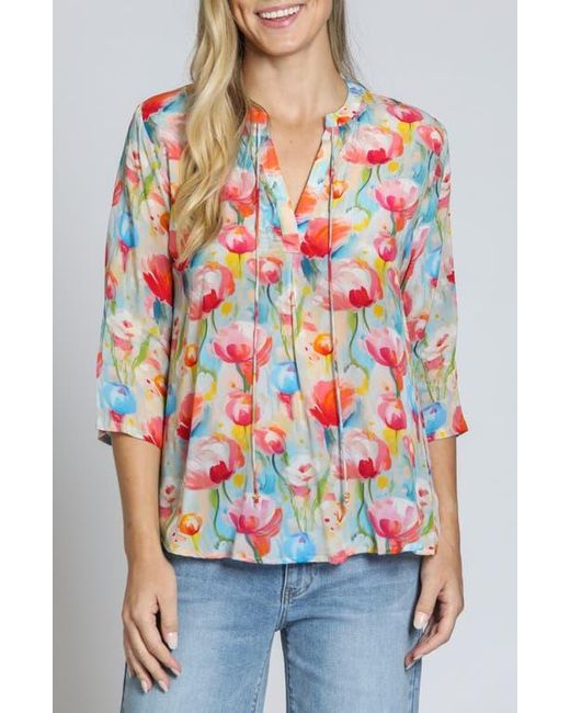 Apny Red Print Tassel Split Neck Chiffon Top