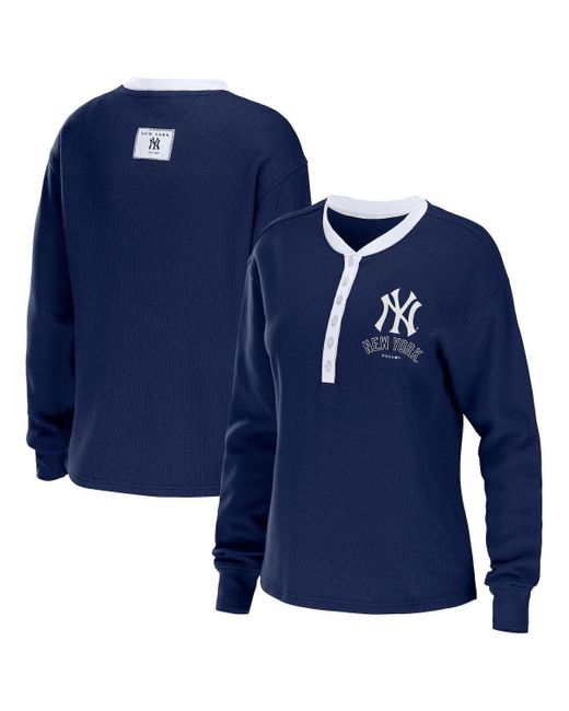 WEAR by Erin Andrews Women's Navy New York Yankees Waffle Henley Long Sleeve  T-shirt
