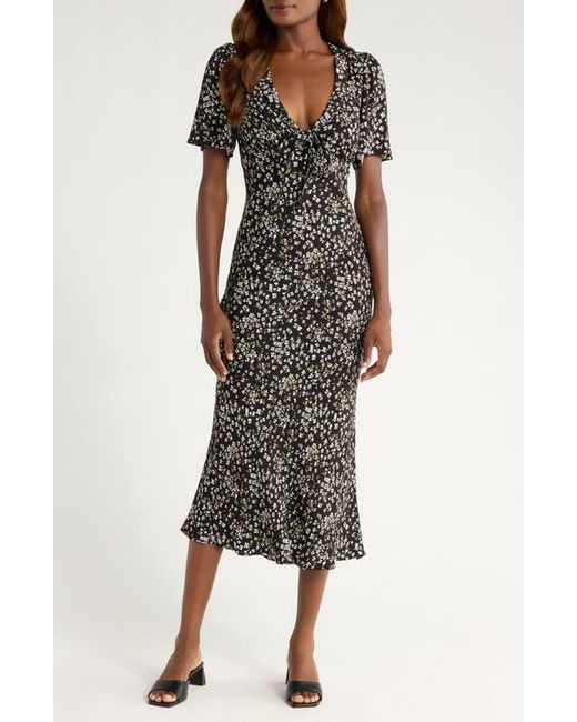 Reformation Black Tyra Floral Short Sleeve Midi Dress