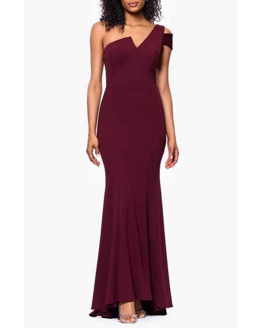 Betsy & Adam Red One-Shoulder Scuba Crepe Gown