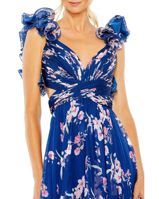Ieena for Mac Duggal Blue Ruffle Floral Gown