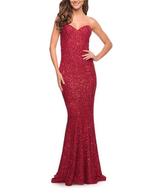 La Femme Red Strapless Sweetheart Luxe Sequin Gown