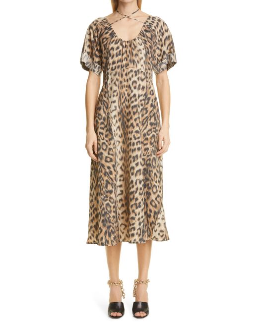 Victoria Beckham Natural Leopard Tie Neck Midi Dress