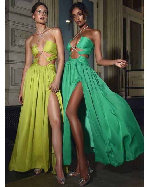Miss Circle Green Quinby Chiffon Pleated Lace Up Maxi Dress