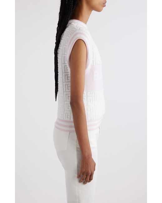 Balmain White Monogram Sponge Knit Sleeveless Sweater