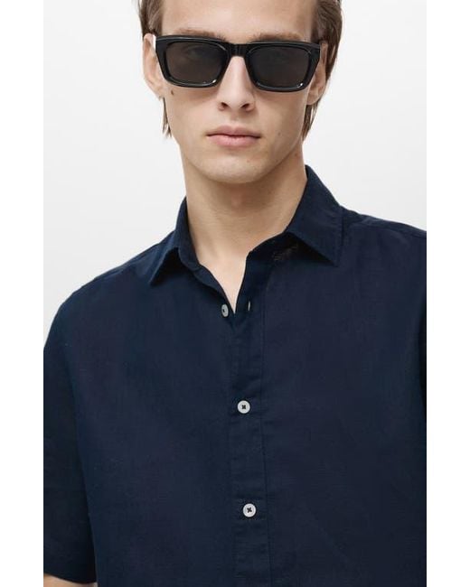 Mango Blue Regular Fit Linen Blend Button-Up Shirt for men