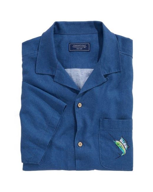 Vineyard Vines Blue Scenic Print Short Sleeve Linen Blend Cabana Shirt for men