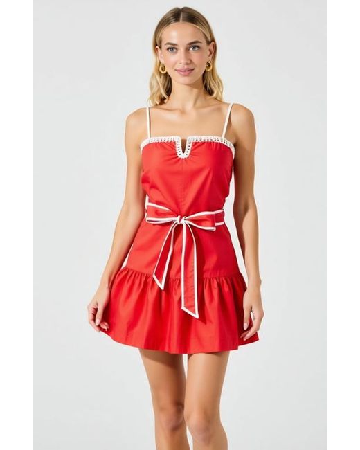 Modenaire Red Spaghetti-Strap Crochet-Trim Tie-Waist Mini Dress