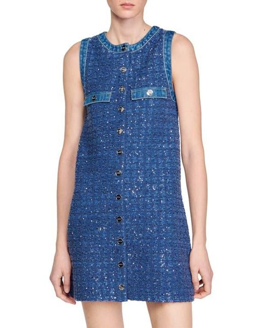 Sandro Palmare セ　ロゴボタン　ツイードミニワンピ Sandro Palmare Sequin Tweed Shift Minidress in Blue | Lyst