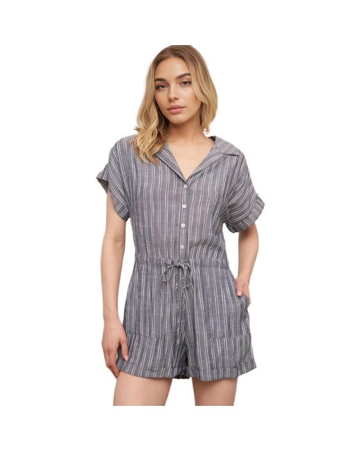 Knit & Lounge Gray Striped Button Front Drawstring Waist Short Sleeve Cuffed Hem Romper