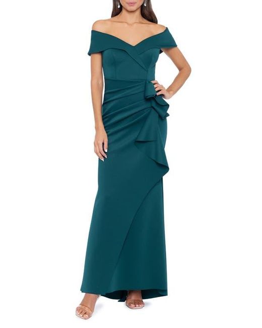 Xscape Evenings Green Off The Shoulder Ruffle Scuba Gown