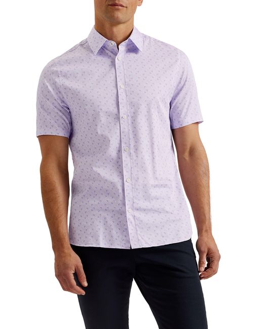 Ted Baker Purple Barhill Geometric Print Stretch Short Sleeve Button-up Shirt for men