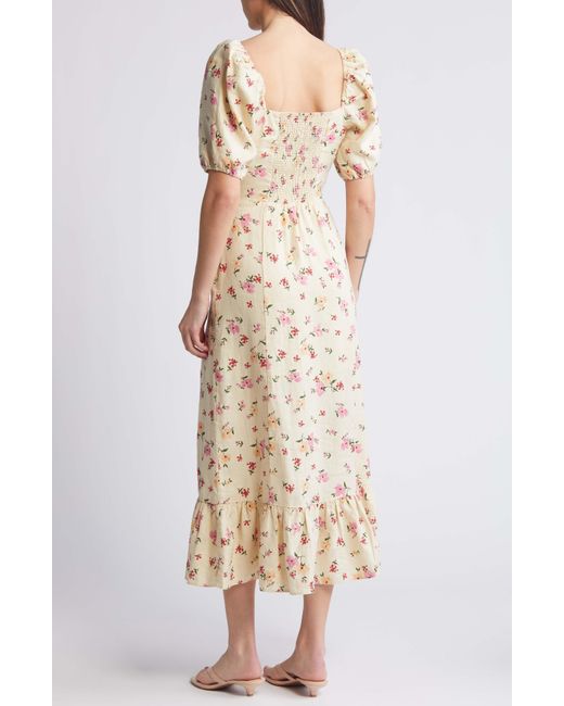 & Other Stories Natural & Floral Puff Sleeve Linen Midi Dress