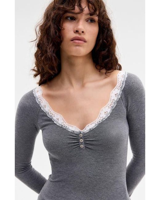 BDG Gray Diana Lace Trim Crop Rib Knit Henley
