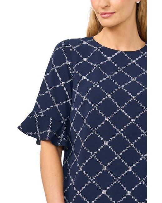 Cece Blue Print Ruffle Cuff Top
