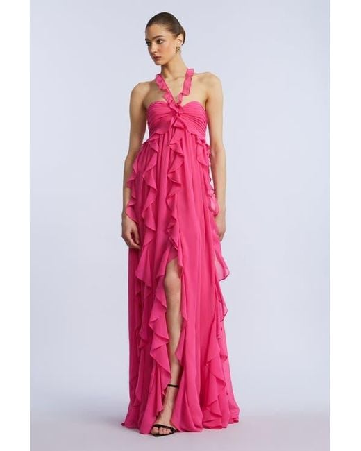 BCBGMAXAZRIA Pink Ruffle Chiffon Gown