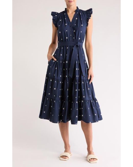 Gibsonlook Blue Dianthus Embroidered Tiered Cotton Midi Dress