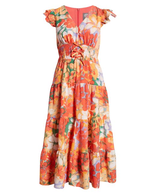 Vince Camuto Floral Print Tiered Ruffle Sleeve Midi Dress