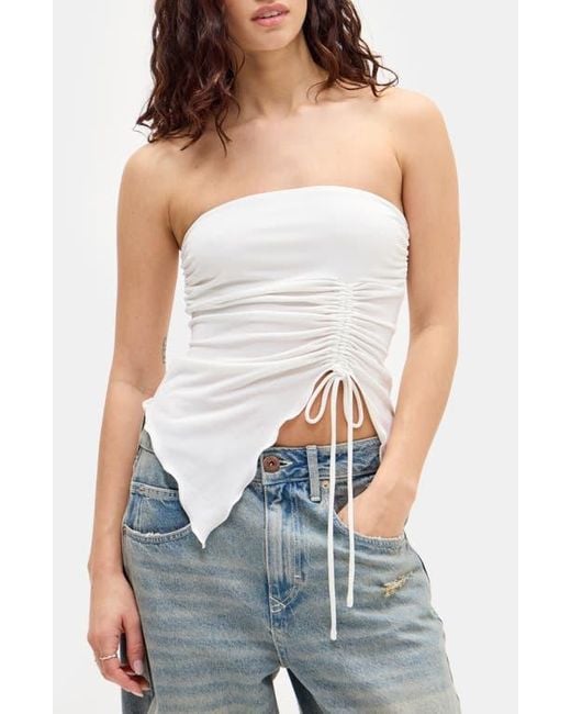BDG Blue Rem Asymmetric Drawstring Ruched Strapless Top