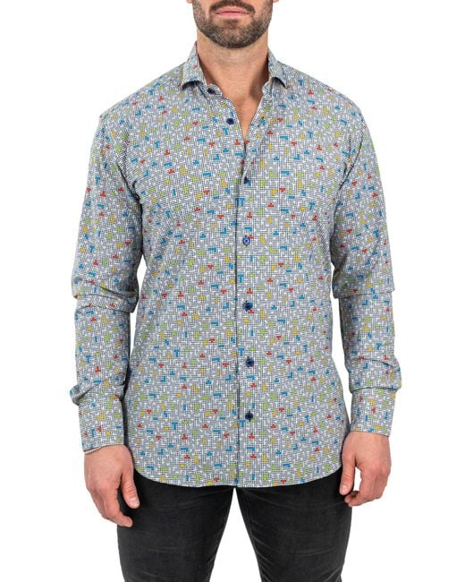 Maceoo Blue Einstein Stretch Tetris Button-Up Shirt for men