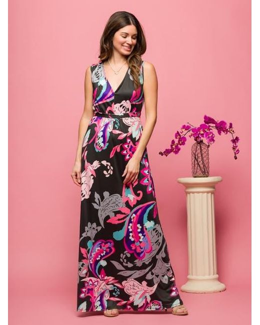 24seven Comfort Apparel White And Print V-Neck Empire Waist Sleeveless Maxi Dress