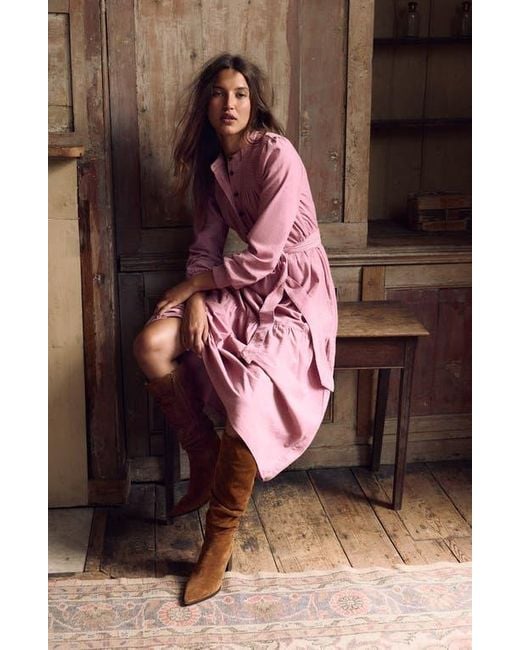 Boden Pink Cecily Long Sleeve Corduroy Midi Dress