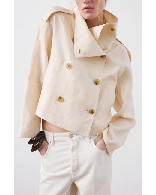 Mango Natural Funnel Neck Linen Jacket