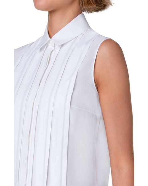 Akris Punto White Pintuck Sleeveless Cotton Button-up Shirt