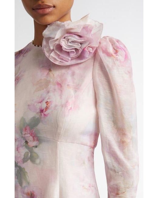 Zimmermann Pink Floral Long Sleeve Organza Midi Dress