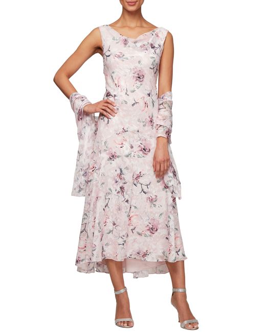 Alex Evenings Pink Floral Burnout High/low Chiffon Dress With Wrap