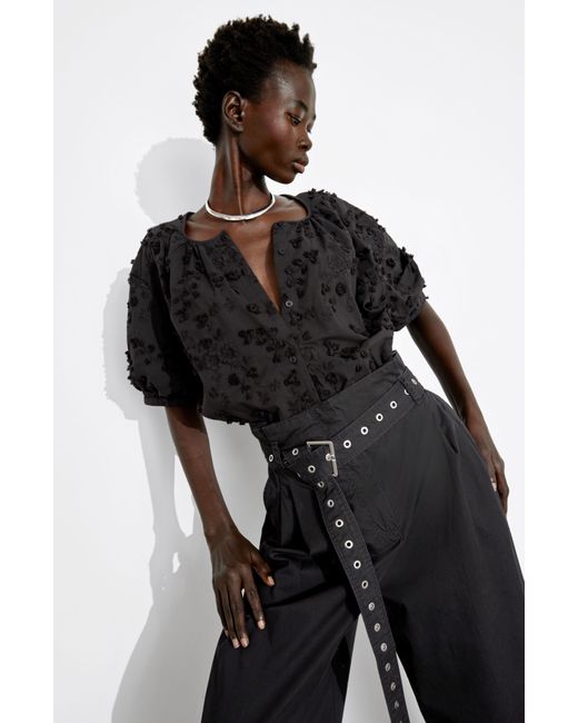 & Other Stories Black & Floral Texture Front Button Cotton Top