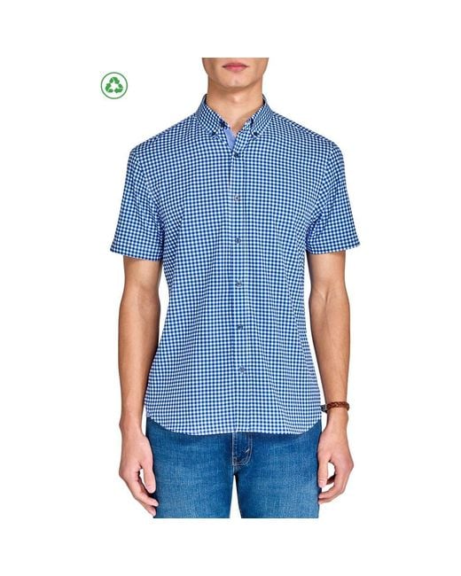 Con.struct Blue Slim Fit Mini Check Recycled 4-Way Stretch Performance Short Sleeve Shirt for men