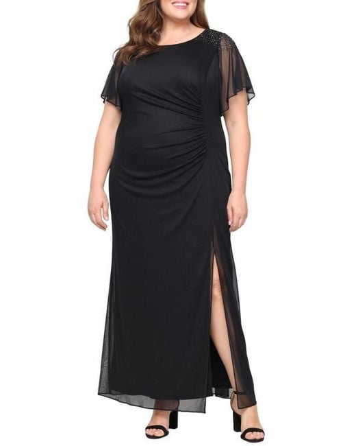 Sl Fashions Black Flutter Sleeve Metallic Gown