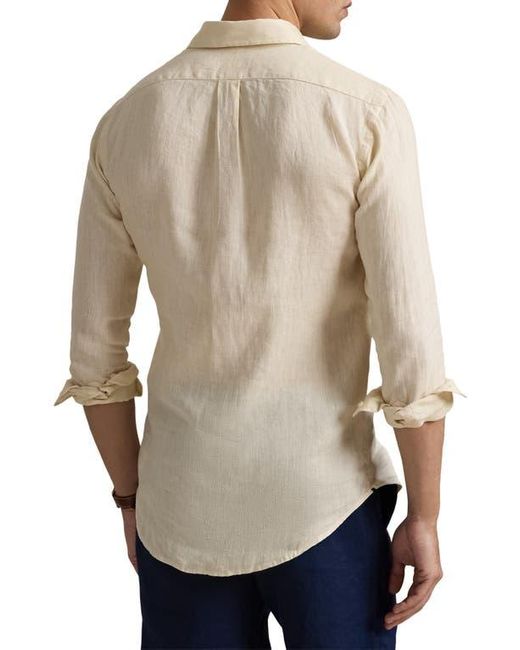 Polo Ralph Lauren Blue Classic Fit Solid Tan Linen Button-Down Shirt for men