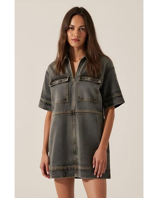 Modenaire Natural Solid Denim Mini Shirt Dress With Collared V-Neck, Short Sleeves And Chest Flap Pockets