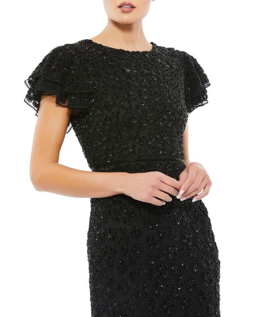 Mac Duggal Black Beaded Ruffle Sleeve Midi Cocktail Dress