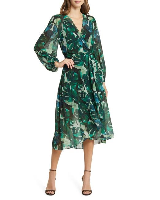 Sam Edelman Green Monstera Print Long Sleeve Midi Wrap Dress