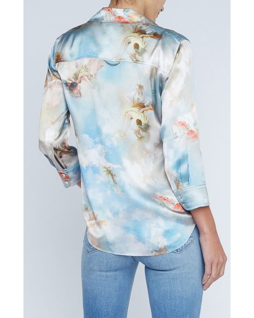 L'Agence Blue Dani Art Print Silk Button-up Shirt