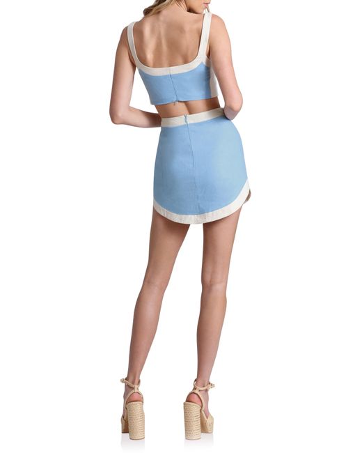 Avec Les Filles Blue Colorblock Linen Blend Crop Top & Miniskirt Set