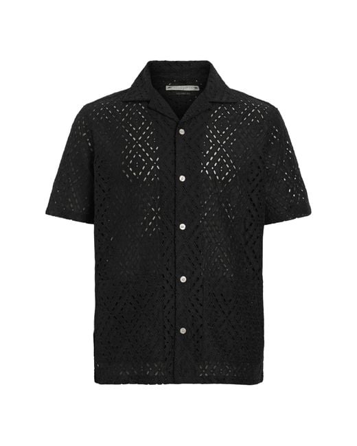 AllSaints Black Quinta Eyelet Short Sleeve Cotton Camp Shirt for men