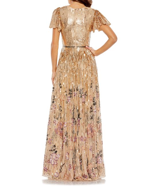 Mac Duggal Sequin Floral Flutter Sleeve Gown in Natural | Lyst