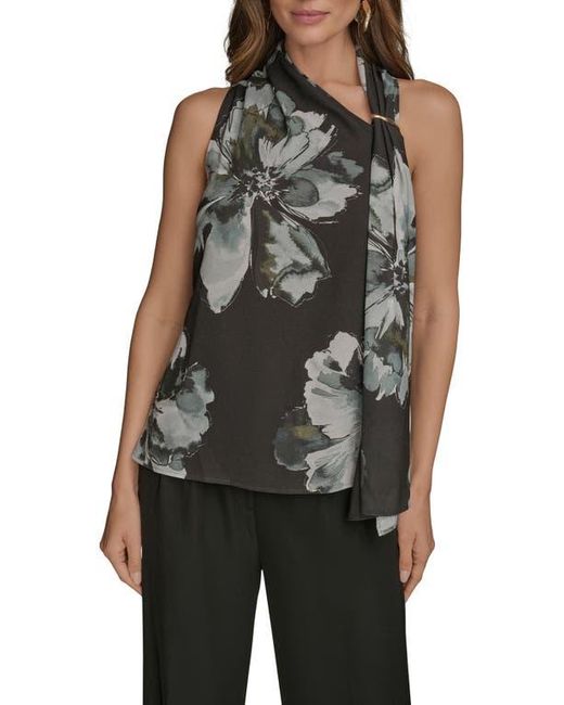Donna Karan Black Print Side Drape Sleeveless Top