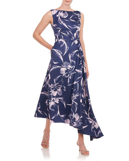 Kay Unger Blue Emmaline Floral Asymmetric Hem Dress