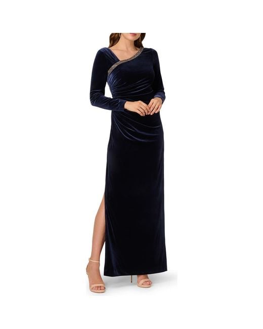 Adrianna Papell Black Asymmetric Long Sleeve Ruched Velvet Gown