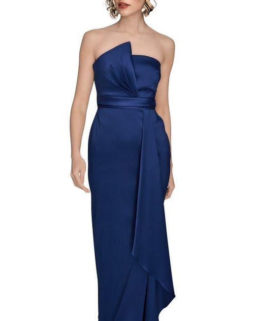 Donna Karan Blue Asymmetric Strapless Satin Gown