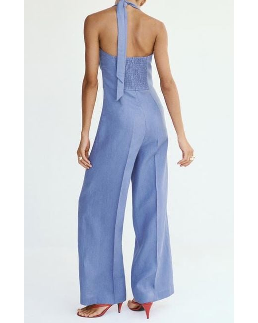 Mango Blue Solid Linen Halter Jumpsuit
