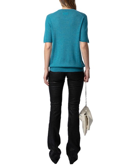 Zadig & Voltaire Blue Mon Amour Embellished Short Sleeve Cashmere Sweater