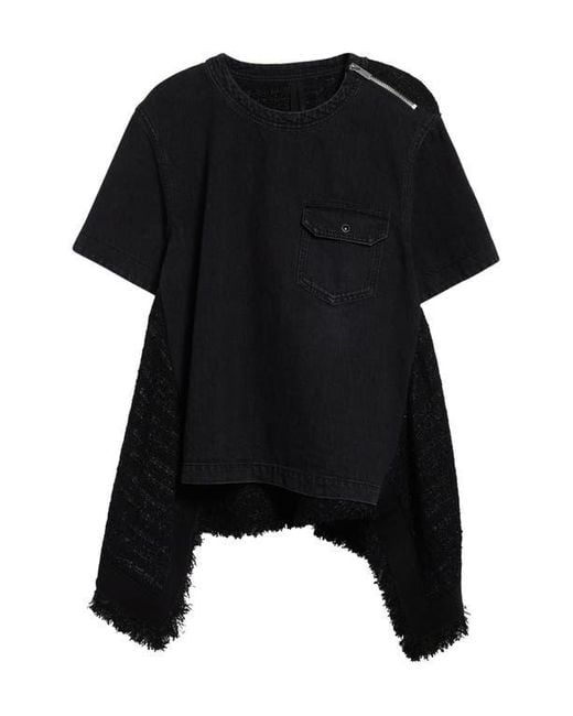 Sacai Mixed Media Denim & Tweed Top in Black | Lyst