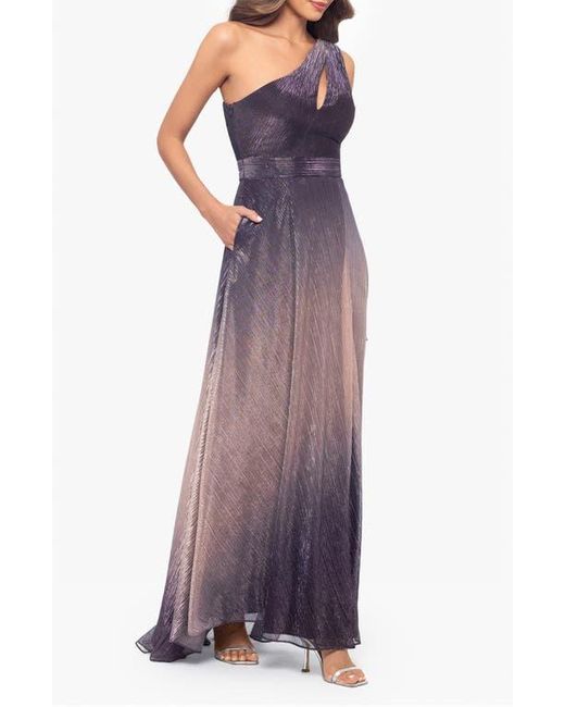 Betsy & Adam Purple One-Shoulder Metallic Crinkle Ombré Gown